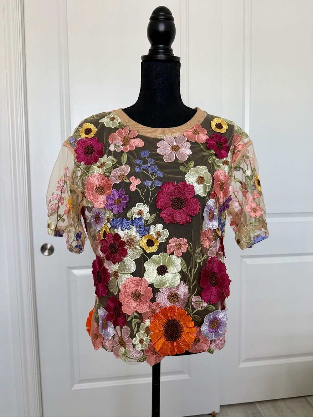 dolan Multicolor Floral Embroidered Mesh Tee